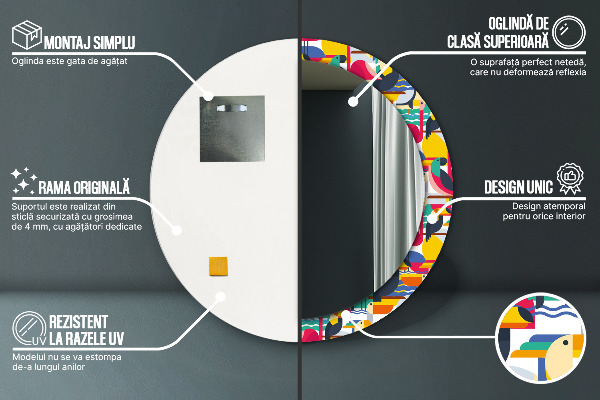 Kulaté zrcadlo s potiskem Geometrické tropické ptáky