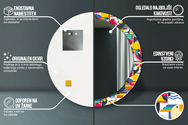 Kulaté zrcadlo s potiskem Geometrické tropické ptáky