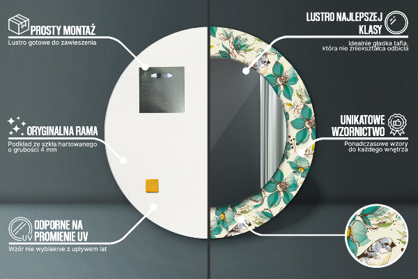 Kulaté zrcadlo s potiskem Květiny a ptáci