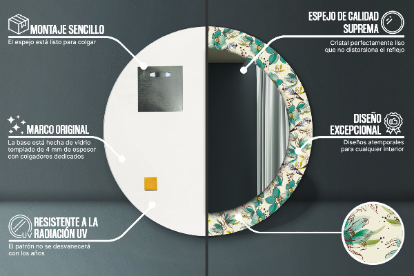 Kulaté zrcadlo s potiskem Květiny a ptáci