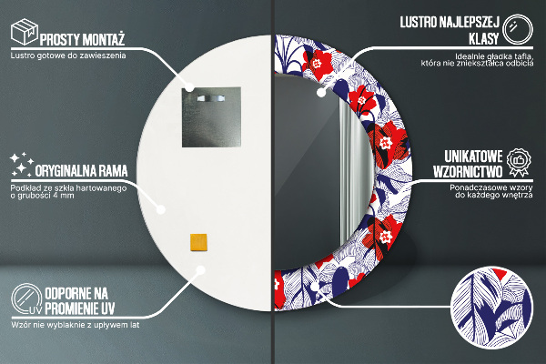 Kulaté zrcadlo rám s potiskem Filodendron a červené květy