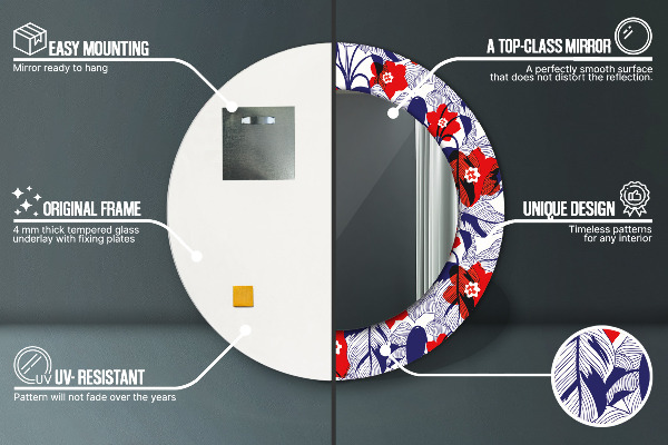 Kulaté zrcadlo rám s potiskem Filodendron a červené květy