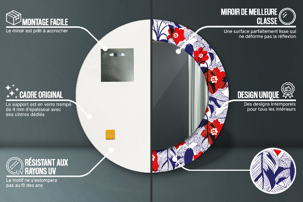 Kulaté zrcadlo rám s potiskem Filodendron a červené květy