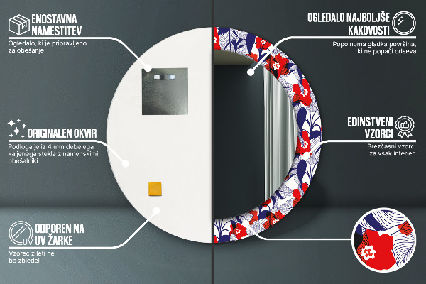 Kulaté zrcadlo rám s potiskem Filodendron a červené květy