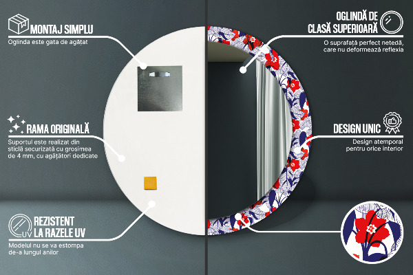 Kulaté zrcadlo rám s potiskem Filodendron a červené květy