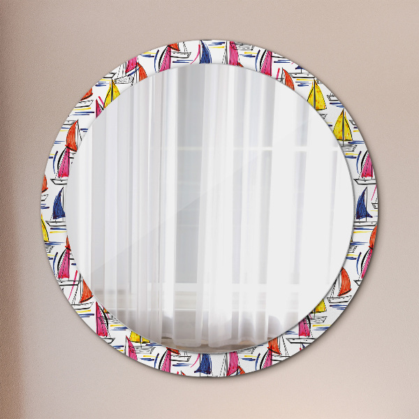 Kulaté dekorační zrcadlo Loď na jezeře