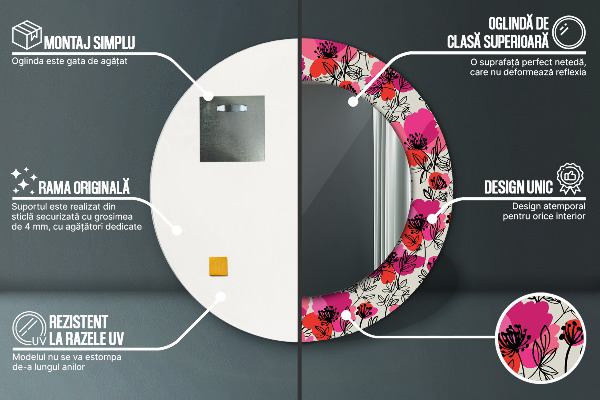 Kulaté zrcadlo rám s potiskem Růžové máky