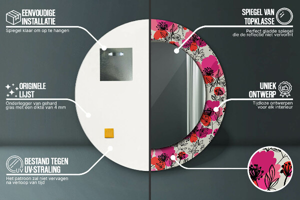 Kulaté zrcadlo rám s potiskem Růžové máky