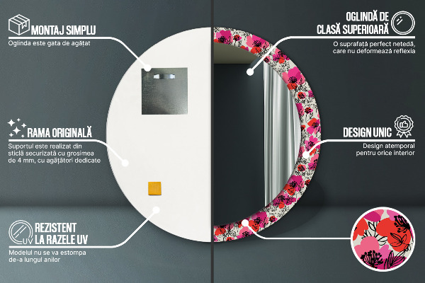 Kulaté zrcadlo rám s potiskem Růžové máky