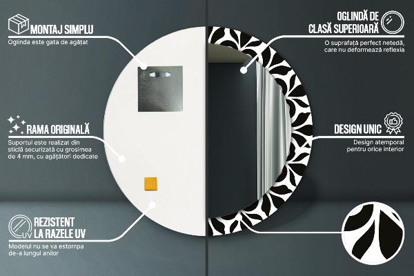 Kulaté zrcadlo rám s potiskem Černá geometrická ozdoba