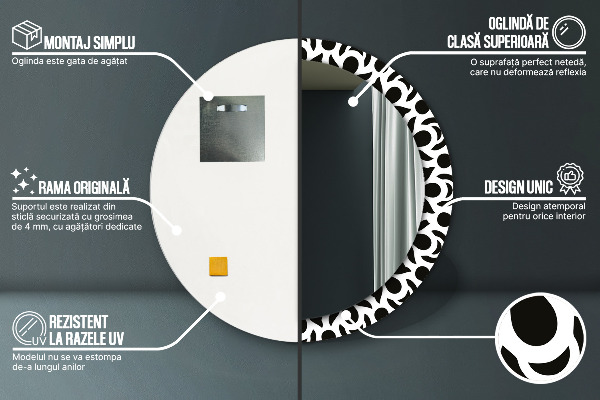 Kulaté zrcadlo rám s potiskem Černá geometrická ozdoba