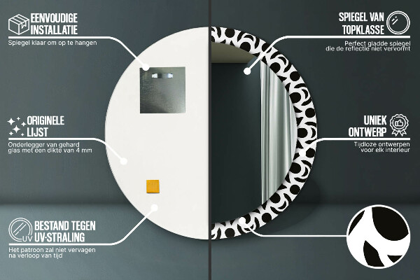 Kulaté zrcadlo rám s potiskem Černá geometrická ozdoba