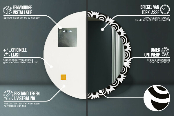 Kulaté zrcadlo rám s potiskem Černá geometrická ozdoba