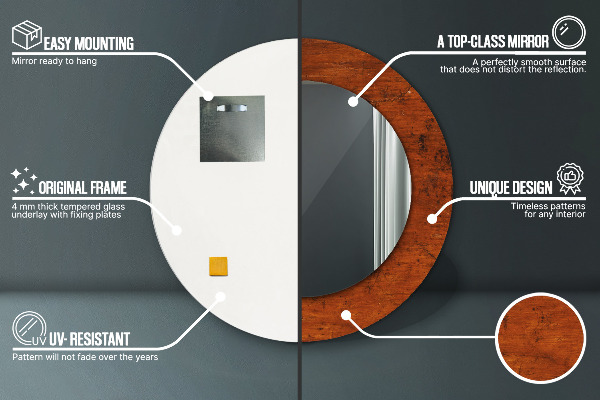 Kulaté zrcadlo rám s potiskem Přírodní dřevo