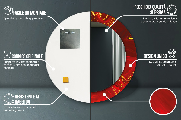 Kulaté zrcadlo rám s potiskem Červený mramor