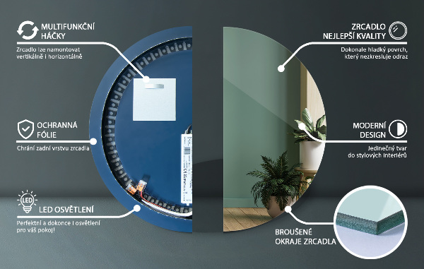 Kulaté nástěnné zrcadlo s osvětlením fi 60 cm