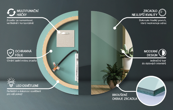 Kulaté koupelnové zrcadlo s led na zeď fi 90 cm