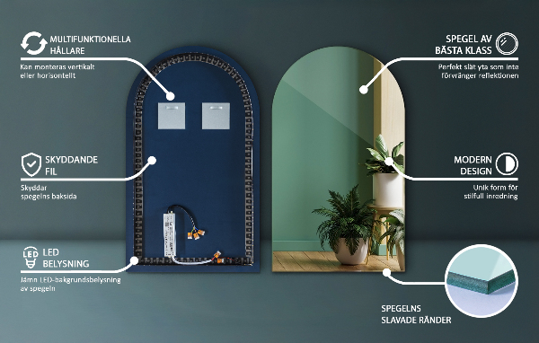 Poloviční oválné zrcadlo s led podsvícením 45x80 cm