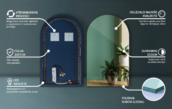 Poloviční oválné zrcadlo s led podsvícením 45x80 cm