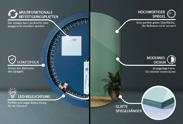 Kruhové zkrácené zrcadlo led 74x90 cm