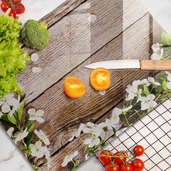 Sklo za sporák Bílé květy na prknech