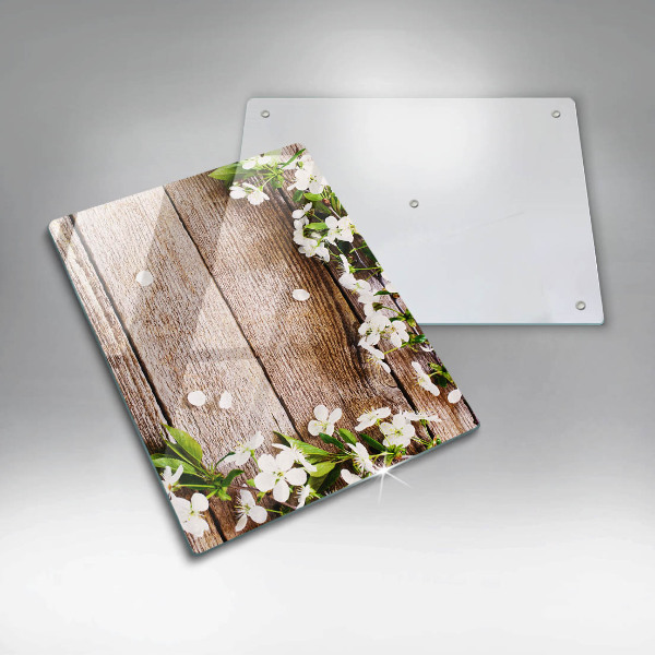 Sklo za sporák Bílé květy na prknech