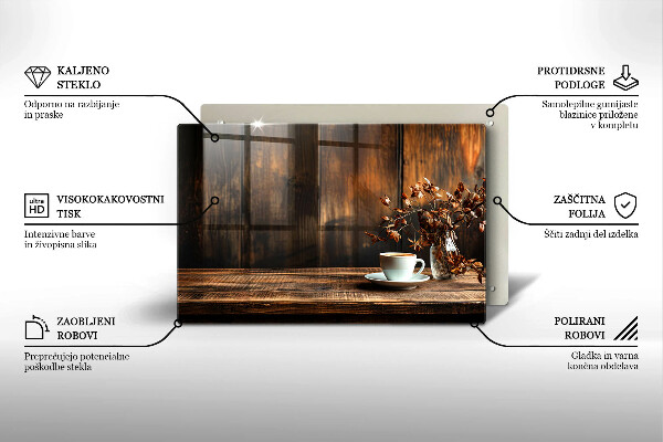 Skleněná deska za sporák Šálek kávy a dřevo