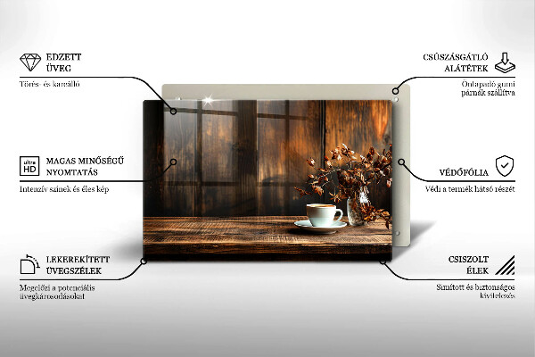 Skleněná deska za sporák Šálek kávy a dřevo