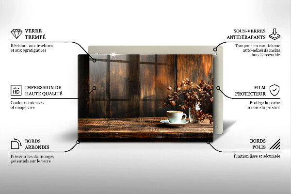 Skleněná deska za sporák Šálek kávy a dřevo