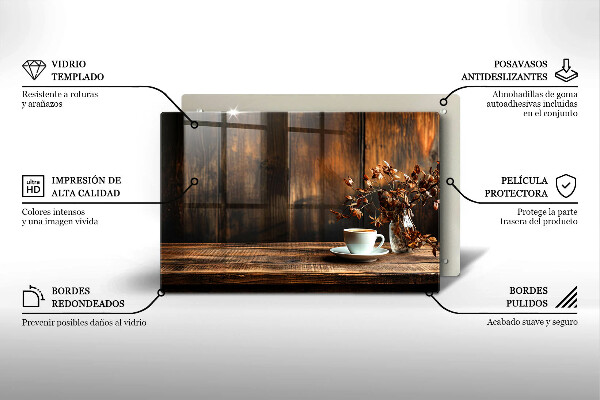 Skleněná deska za sporák Šálek kávy a dřevo