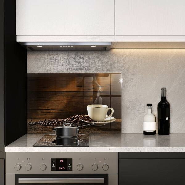 Skleněná deska za sporák Dřevěný hrnek na kávu