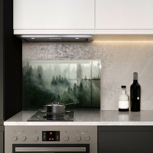 Skleněná deska za sporák Zamlžená lesní krajina