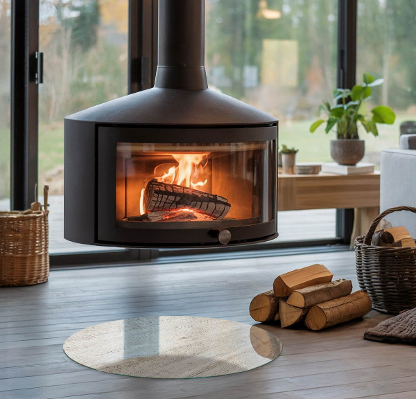 Kulatá podložka pod krbová kamna Světlá textura dřeva