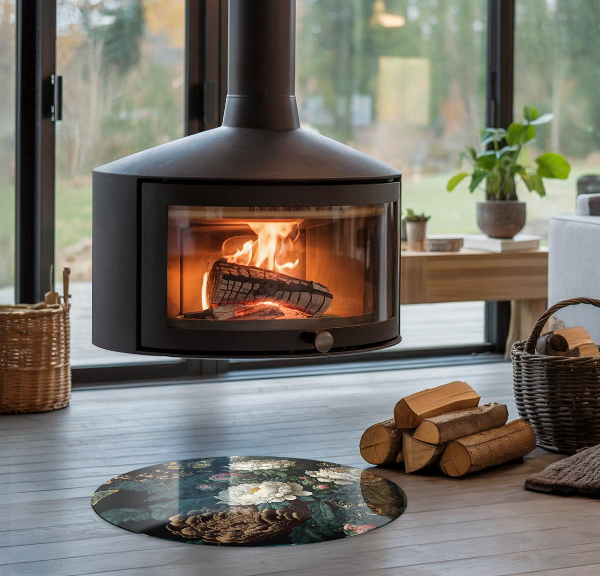 Kulatá podložka pod krbová kamna Květinový vzor s motýly