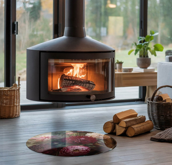 Kulatá podložka pod krbová kamna Kytice květin v detailu