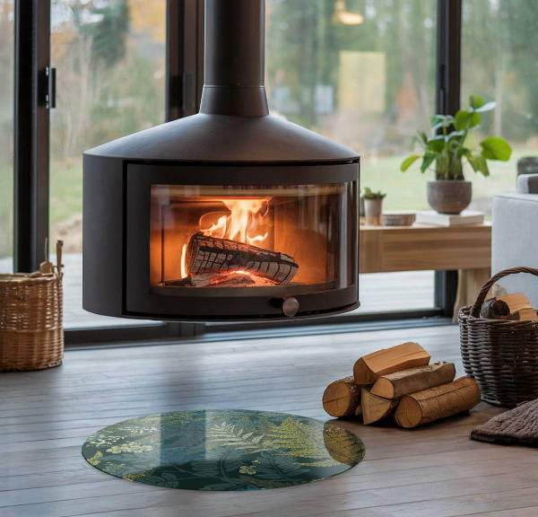 Kulaté sklo pod krbová kamna Rostlinné motivy s motýly