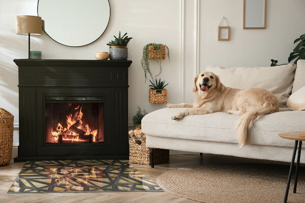 Obdélníkové tvrzené sklo pod krbová kamna Geometrie se dřevem