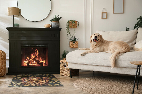 Obdélníkové tvrzené sklo pod krbová kamna Geometrie se dřevem