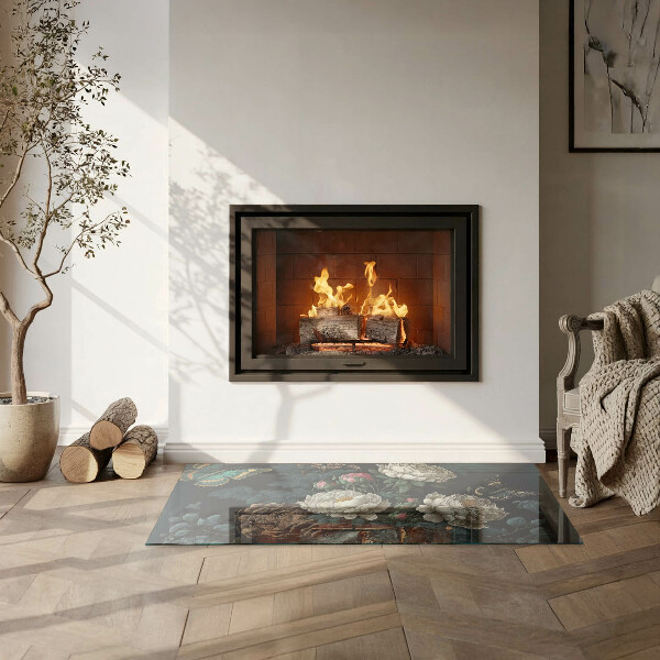 Obdélníkové tvrzené sklo pod krbová kamna Květinový vzor s motýly