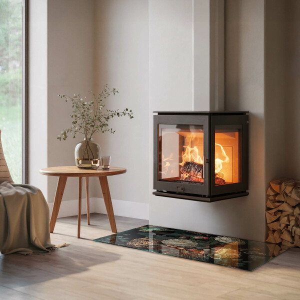 Obdélníkové tvrzené sklo pod krbová kamna Květinový vzor s motýly