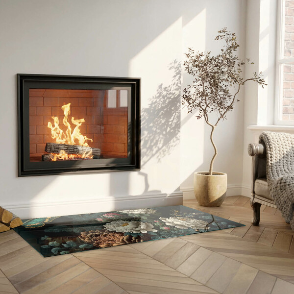 Obdélníkové tvrzené sklo pod krbová kamna Květinový vzor s motýly