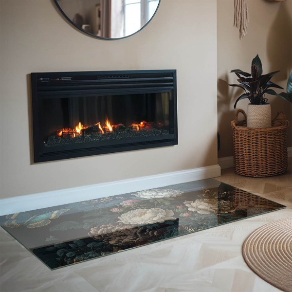 Obdélníkové tvrzené sklo pod krbová kamna Květinový vzor s motýly