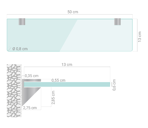 Skleněná police 50x13 cm