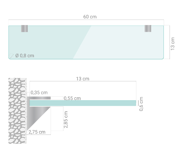Skleněná police na zeď 60x13 cm