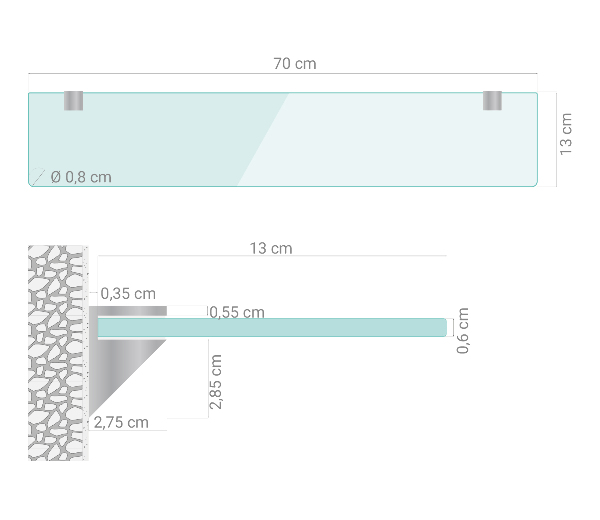 Skleněná police 70x13 cm