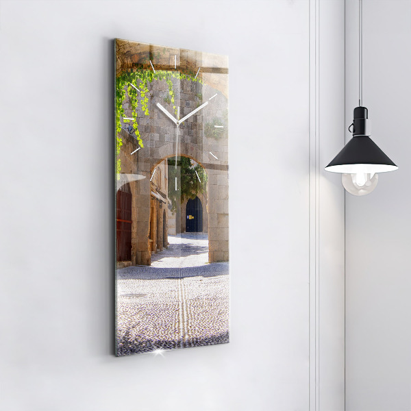 Vertikální skleněné hodiny Malebná ulice na Rhodosu