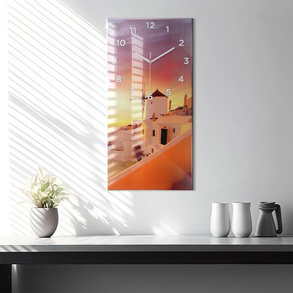 Vertikální skleněné hodiny Starý větrný mlýn na Santorini