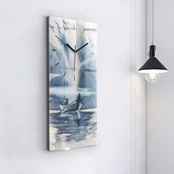 Vertikální skleněné hodiny Zimní jezero Loď