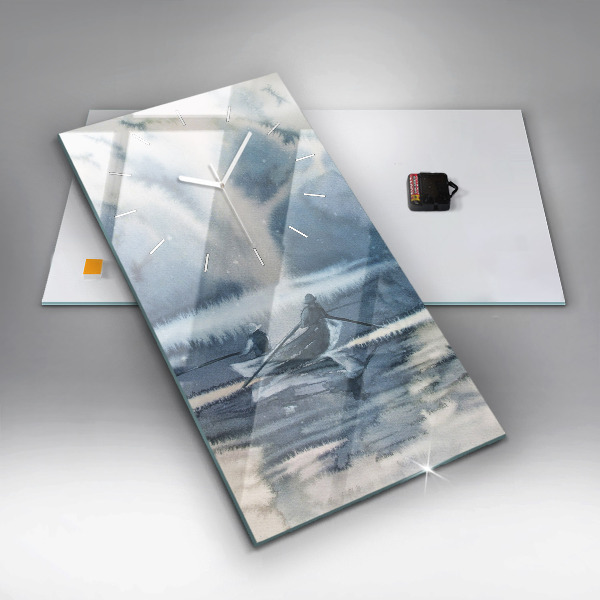 Vertikální skleněné hodiny Zimní jezero Loď