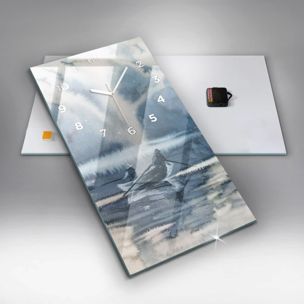 Vertikální skleněné hodiny Zimní jezero Loď